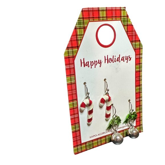 Holiday Hypo Allergenic Candy Cane Bell Earrings Set With Festive Plaid Backing - Picture 4 of 8